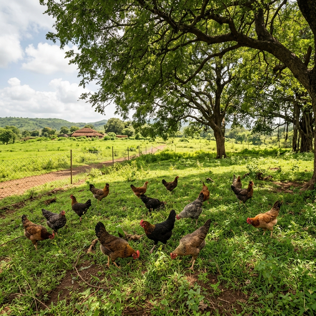 Free-range hens grazing on open green pasture